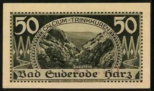 Notgeld Bad Suderode /Harz 1921, 50 Pfennig, Saalstein und Calcium-Trinkkuren