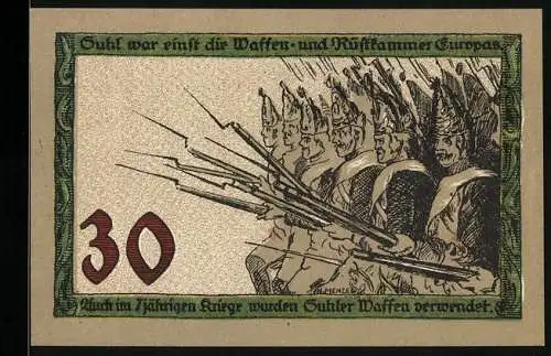 Notgeld Suhl, 30 Pfennig, Denkmal und Waffen des 7jährigen Krieges