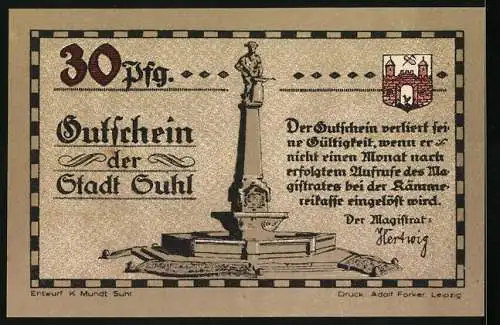 Notgeld Suhl, 30 Pfennig, Denkmal und Waffen des 7jährigen Krieges