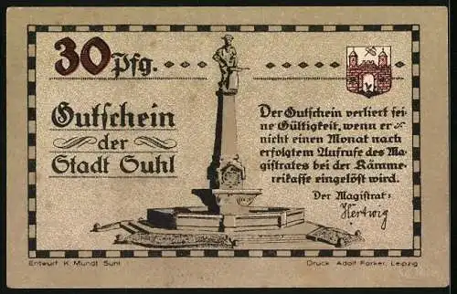Notgeld Suhl, 30 Pfennig, Denkmal und Waffen des 7jährigen Krieges