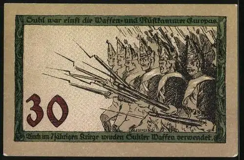 Notgeld Suhl, 30 Pfennig, Denkmal und Suhler Waffen im 7jährigen Krieg