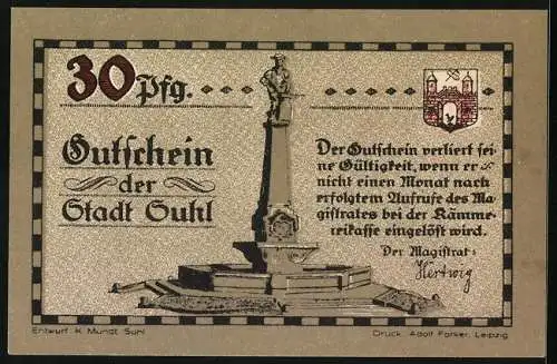 Notgeld Suhl, 30 Pfennig, Denkmal und Suhler Waffen im Weltkrieg