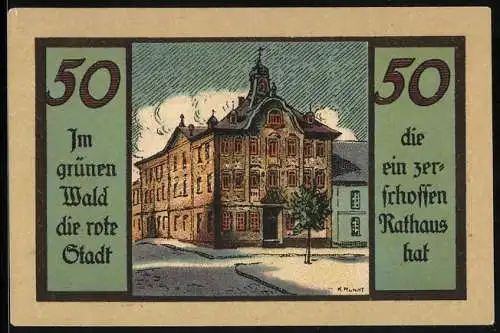 Notgeld Suhl, 50 Pfennig, Wappen und Rathaus