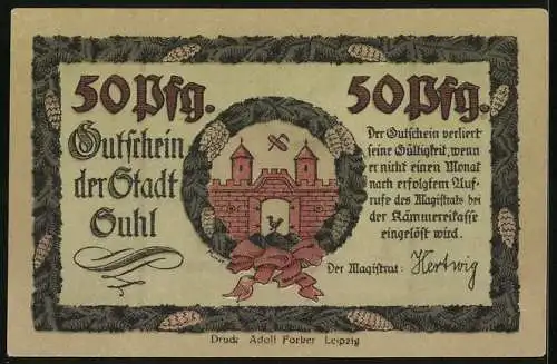 Notgeld Suhl, 50 Pfennig, Wappen und Rathaus