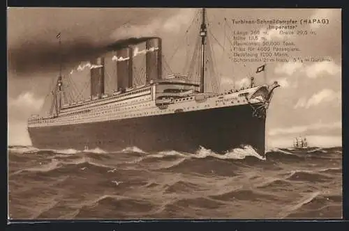 Künstler-AK Turbinen-Schnelldampfer Imperator, Passagierschiff der Hamburg-Amerika-Linie