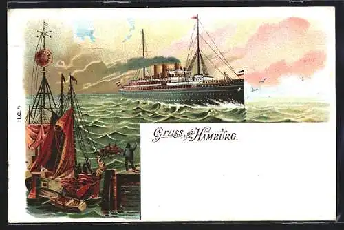 Lithographie Hamburg, einlaufendes Passagierschiff Normannia