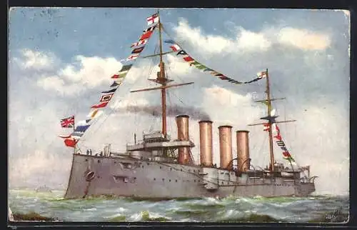 Künstler-AK HMS Drake auf dem Wasser