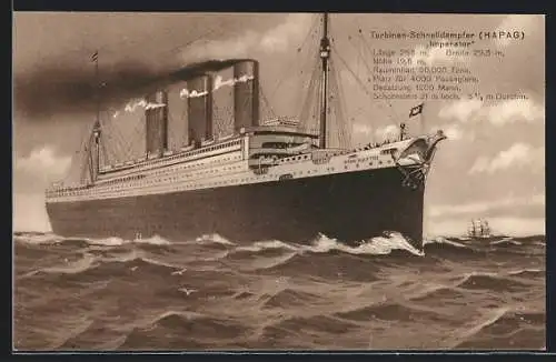 Künstler-AK Turbinen-Schnelldampfer Imperator, Passagierschiff der Hamburg-Amerika-Linie
