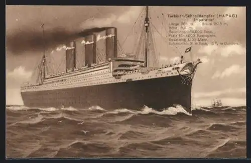 Künstler-AK Turbinen-Schnelldampfer Imperator, Passagierschiff der Hamburg-Amerika-Linie