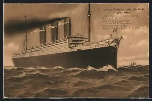 Künstler-AK Turbinen-Schnelldampfer Imperator, Passagierschiff der Hamburg-Amerika-Linie