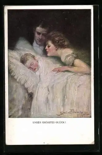 Künstler-AK Clarence F.Underwood: Ehepaar am Bett des schlafenden Babies