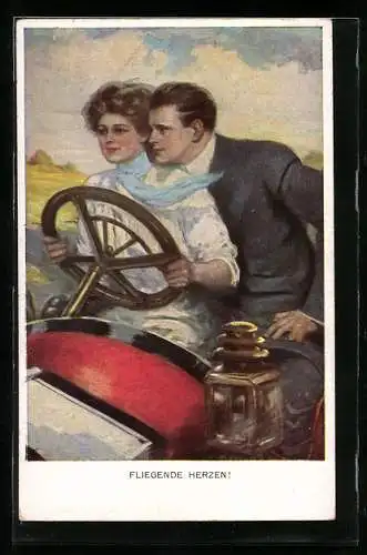Künstler-AK Clarence F. Underwood: Fliegende Herzen, Frau am Steuer lenkt die Liebesfahrt