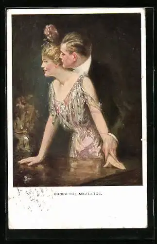 Künstler-AK Clarence F.Underwood: Frau steht unter dem Mistelzweig