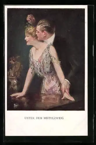 Künstler-AK Clarence F.Underwood: Frau steht unter dem Mistelzweig