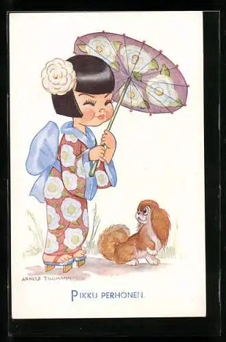Künstler-AK Arnold Tilgmann: Kind in traditioneller japanischer Kleidung mit Hund
