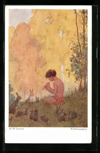 Künstler-AK Margaret W. Tarrant: Junge mit Flöte und Hasen