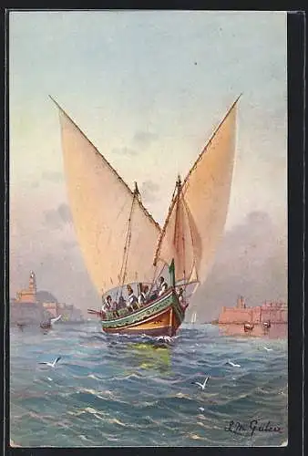 Künstler-AK Fischerboot mit Segeln