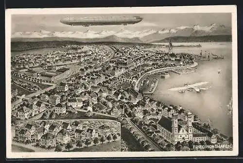 Künstler-AK Friedrichshafen, Zeppelin über dem Ort