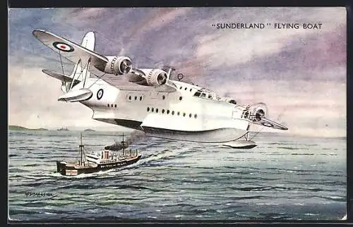 Künstler-AK Short Sunderland, Wasserflugzeug, Dampfer