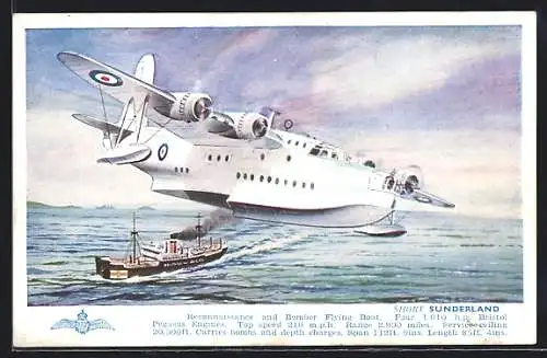 Künstler-AK Short Sunderland, Wasserflugzeug, Dampfer