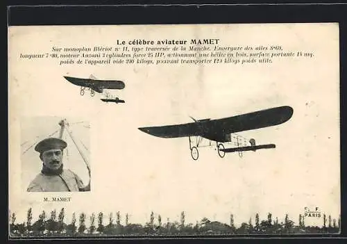 AK Aviateur Mamet sur monoplan Blériot