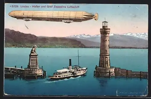 AK Lindau, Graf Zeppelins Luftschiff über dem Hafen