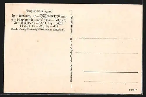 AK Hannover-Linden, Hanomag, 2 C-Vierzylinder-Verbund-Nassdampf-Schnellzuglokomotive