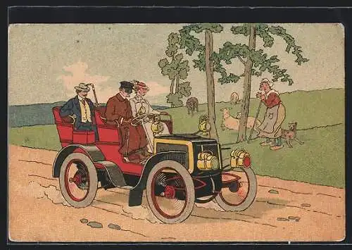 AK Bäuerin betrachtet das Auto auf der Landstrasse