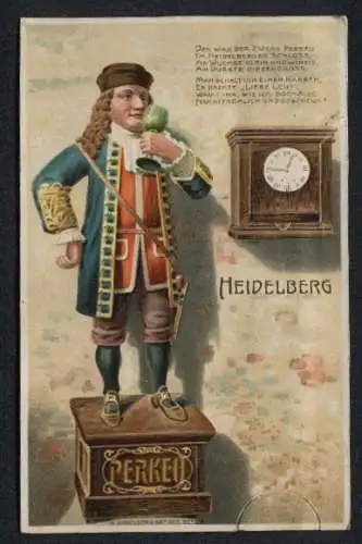 Mechanische-AK Heidelberg, Der Zwerg Perkeo, daneben eine Uhr mit ausziehbarem Schwanz