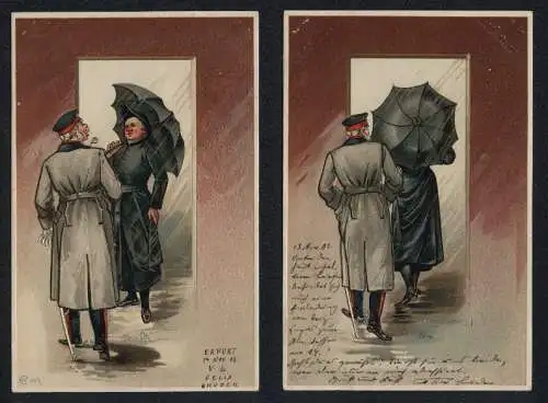 Lithographie Offizier verwechselt einen Geistlichen mit einer Frau, 2 Karten