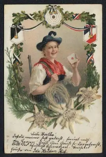 Trockenblumen-AK Eine Jägerin mit einem Bierdeckel, darunter echte Trockenblumen