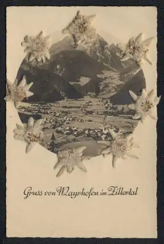 Trockenblumen-AK Mayrhofen im Zillertal, Ortsansicht aus der Ferne im Kranz aus echten Blüten