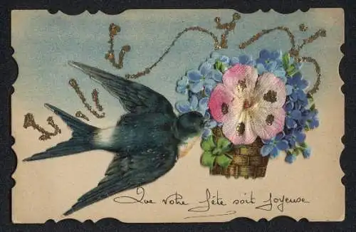 Oblaten-AK Schwalbe bringt einen Korb Blumen, Pop-Up Effekt