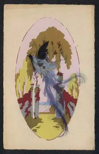 Echtfedern-AK Ein Vogel mit langen echten Federn vor einem Gartentor