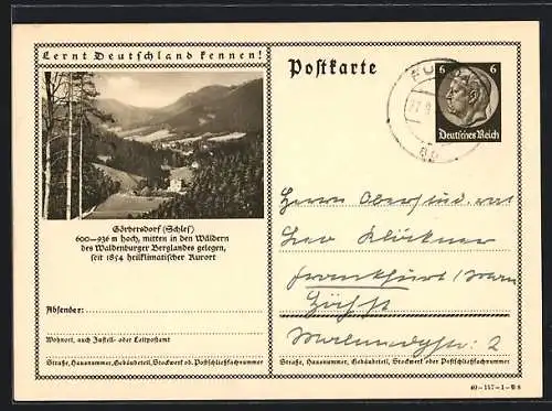 AK Görbersdorf, Ortsansicht, Ganzsache Lernt Deutschland kennen