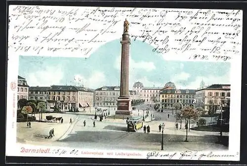 AK Darmstadt, Luisenplatz mit Ludwigssäule und Strassenbahn