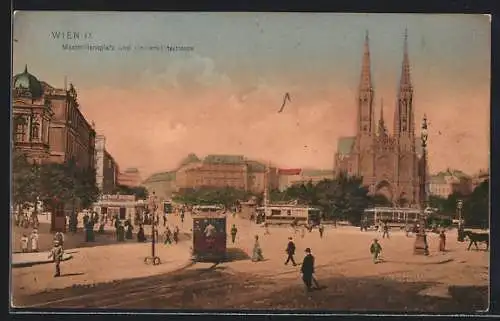 AK Wien, Maximiliansplatz und Universitätsstrasse mit Kirche und Strassenbahn