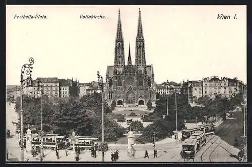 AK Wien, Freiheits-Platz mit Votivkirche und Strassenbahn