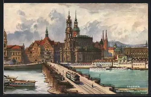 AK Dresden, Altstadt und Augustusbrücke mit Strassenbahn