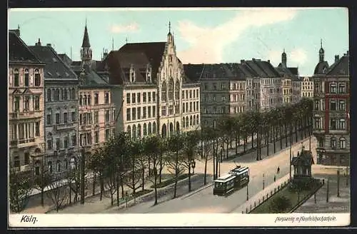 AK Köln, Strasse Hansaring mit Handelshochschule und Strassenbahn