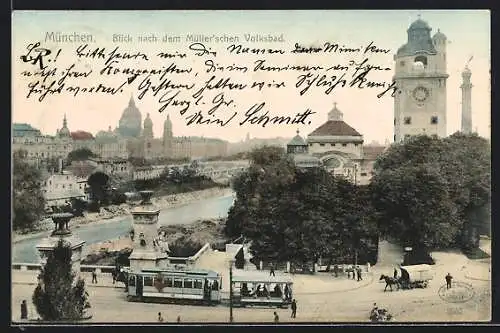 AK München, Blick nach dem Müller'schen Volksbad, Strassenbahn