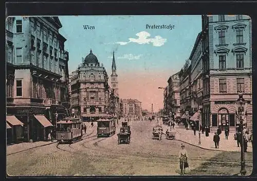 AK Wien, Partie an der Praterstrasse mit Strassenbahnen