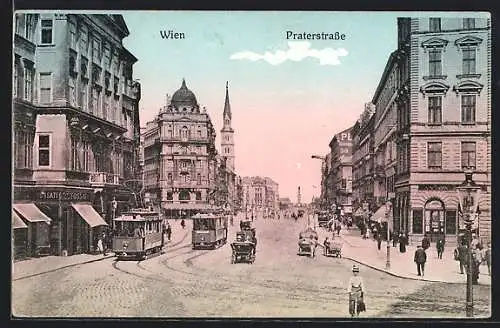 AK Wien, Praterstrasse mit Geschäften und Strassenbahn