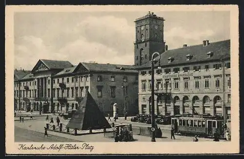 AK Karlsruhe, Platz mit Strassenbahn