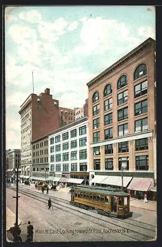 AK Rochester, N. Y., Main St. East looking toward St. Paul, Strassenbahn