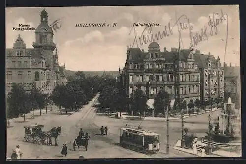 AK Heilbronn a. N., Neues Postgebäude am Bahnhofplatz mit Strassenbahn