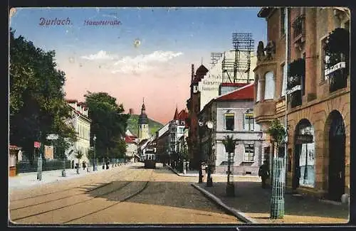 AK Durlach, Hauptstrasse mit Strassenbahn