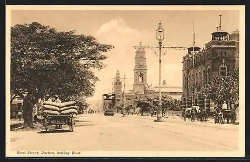 AK Durban, West Street looking West, Strassenbahn