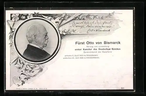 AK Fürst Otto von Bismarck im Profil, Herzog von Lauenburg