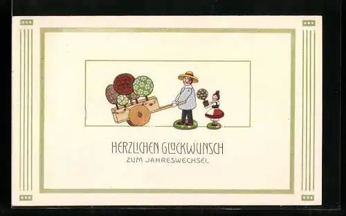 Präge-AK Holzfiguren mit einem Karren, Neujahrsgruss